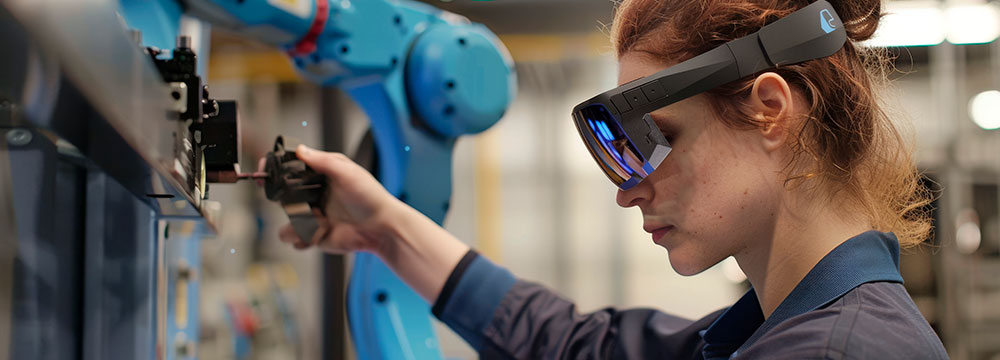 Mujer con gafas inteligentes manipula un brazo robótico industrial